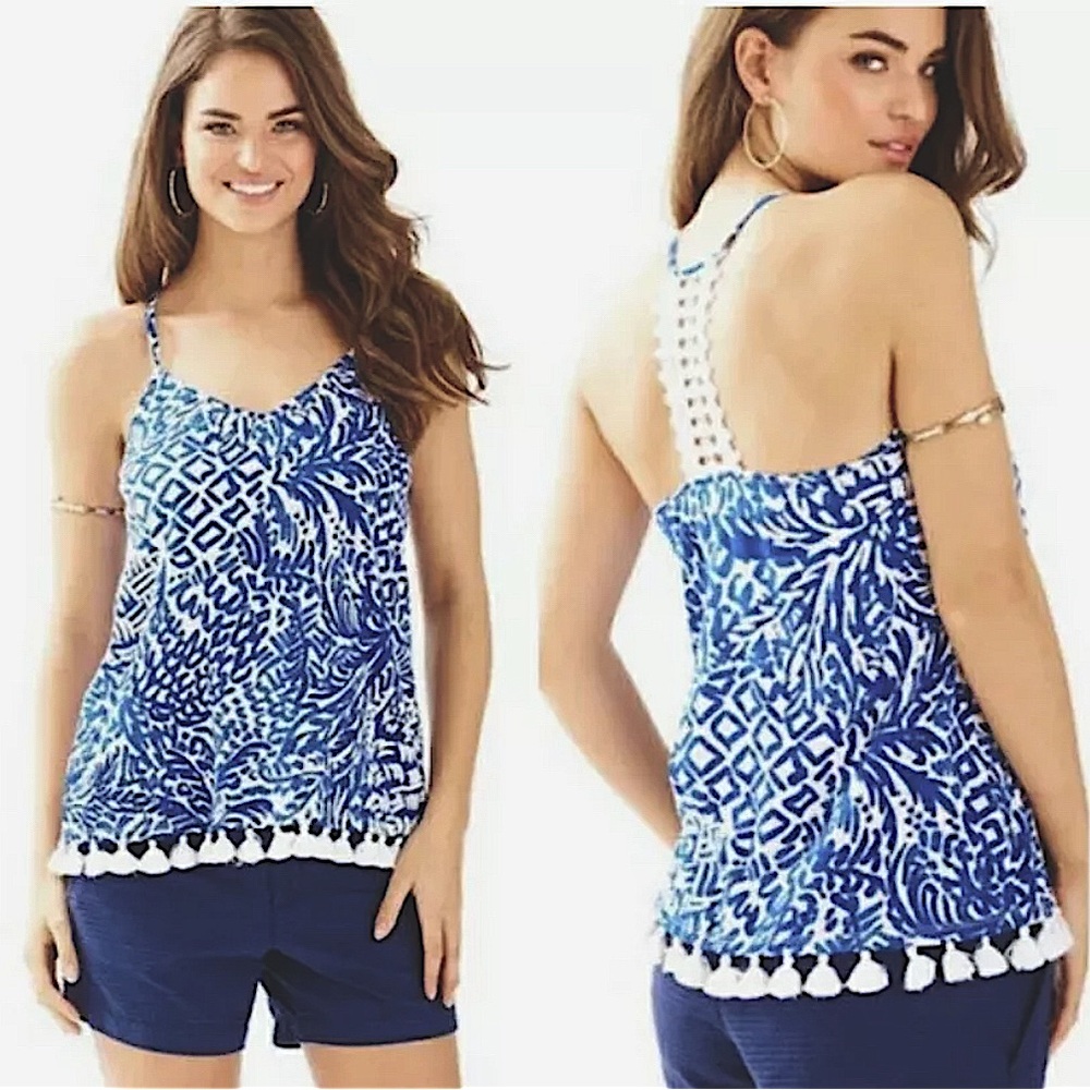 Lilly Pulitzer Nya Tank Blue White Racerback Crochet Lace Stretch Pom Trim M